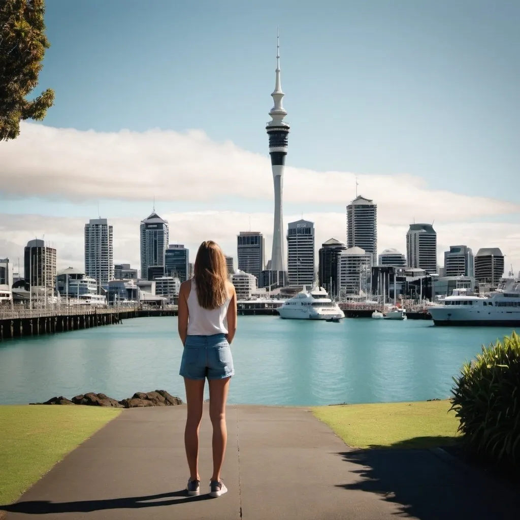 Prompt: Create an image of a typical auckland city scene with a girl standing in awe.