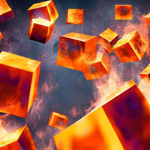 Prompt: Floating cubes engulfed in flames, surreal 3D rendering, intense heat and motion, high energy, chaotic yet controlled, fiery orange and red tones, dramatic lighting, high quality, surreal, 3D rendering, intense, chaotic, fiery tones, dramatic lighting
