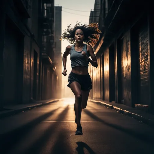 Prompt: (Woman running in the shadows), (album cover), dramatic lighting, moody ambiance, dark tones with hints of vibrant colors, silhouettes creating depth, blending metaphor of struggle and freedom, urban landscape in background, high contrast, emotional, captivating composition, powerful theme of resilience, ultra-detailed, artistic vibe reminiscent of modern music artistry.