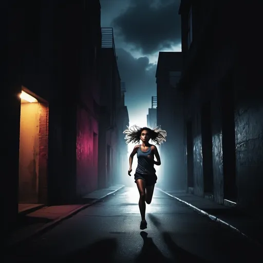 Prompt: (girl running in the shadows), (album cover), dramatic lighting, moody ambiance, dark tones with hints of vibrant colors, silhouettes creating depth, blending metaphor of struggle and freedom, urban landscape in background, high contrast, emotional, captivating composition, powerful theme of resilience, ultra-detailed, artistic vibe reminiscent of modern music artistry.