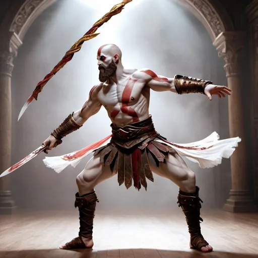 Prompt: make kratos from god of war as a ballerina dancing around with his blades of chaos