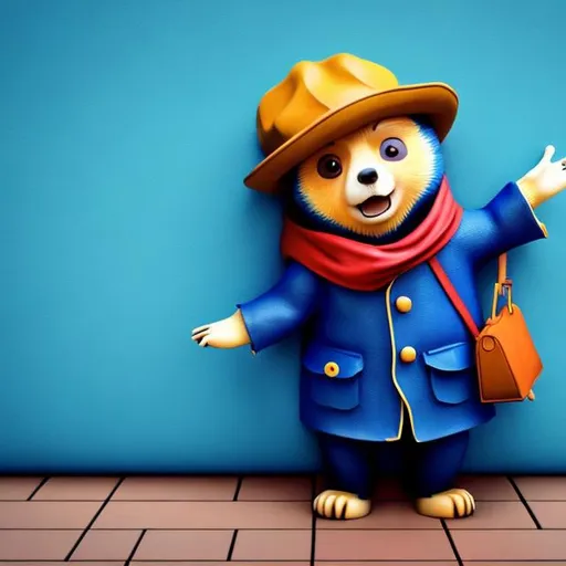 Prompt: A cute Paddington Bear is leaning against the wall, waving to greet people.
