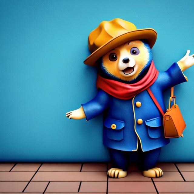 Prompt: A cute Paddington Bear is leaning against the wall, waving to greet people.
