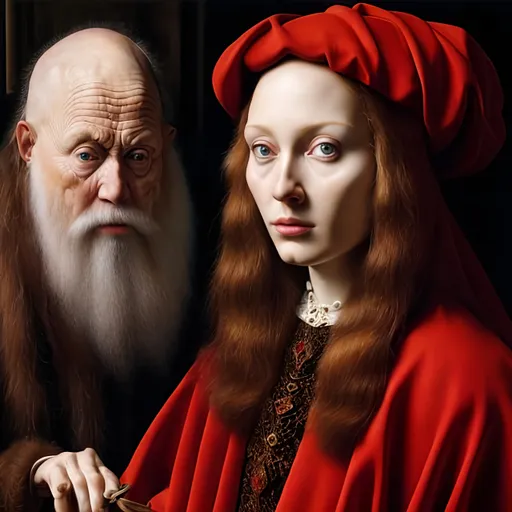 Prompt: Realistic oil painting of a new interpretation of Jan van Eyck's style, hyper-realistic details, perfect facial features and hands, rich and lifelike textures, high quality, oil painting, hyper-realistic, detailed faces, perfect hands, rich textures, new interpretation, professional lighting