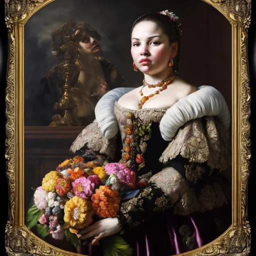 Prompt: Maximum realistic replica of a Velasquez painting, modern twist, rich oil painting, opulent floral arrangement, vibrant colors, intricate details, Baroque style, soft and natural lighting, high quality, detailed brushwork, classic elegance, elaborate composition, very very high quality smooth pastel colors and maximum attention to Velasquez technique 