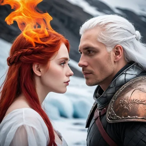 Prompt: forbidden love between man with white hair and woman with red hair between a moutain of ice and fire. she has white hair! 

