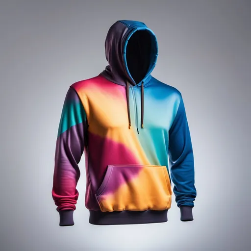 Prompt: professional product photo of a colorful hoodie, floating suspended midair, intricate fabric details, fashion product catalog image, behance hd, studio lighting, front view, square image
