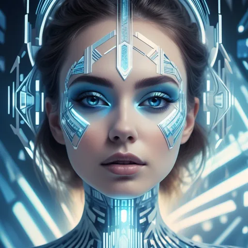 Prompt: A woman's face, retro-futurism, striking holographic visuals with vibrant white and blue tones, shimmering textures, including intricate digital patterns, blending vintage and futuristic aesthetics, emphasizing geometric shapes and surreal elements; soft ambient lighting; dreamy, captivating and otherworldly atmosphere; detailed, high definition, cinematic depth.