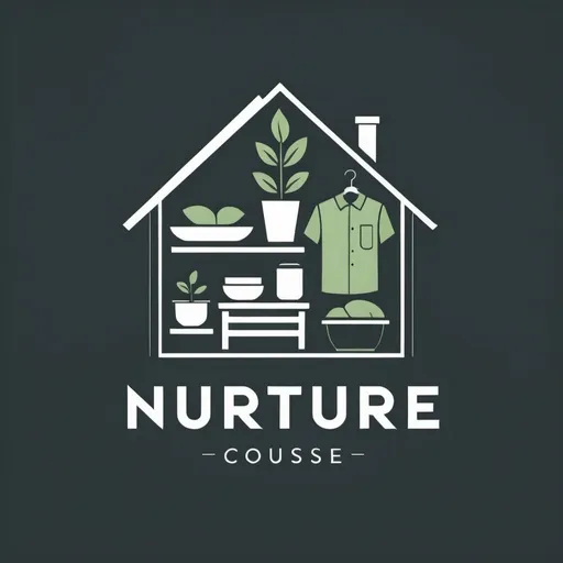 Prompt: A minimalist logo for a company featuring a house shape with a simple, clean, and modern design. Inside the house shape, there are folded clothes, pot, containers, boxes neatly arranged.