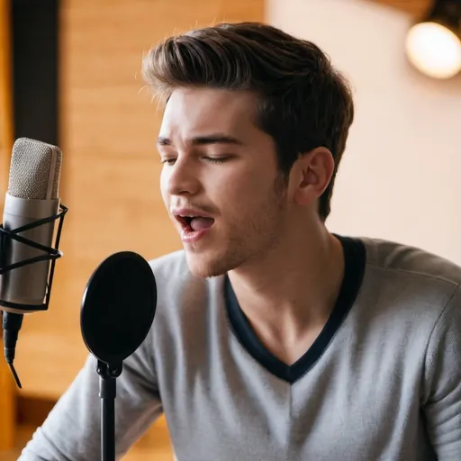 Prompt: A young man singing in studio 