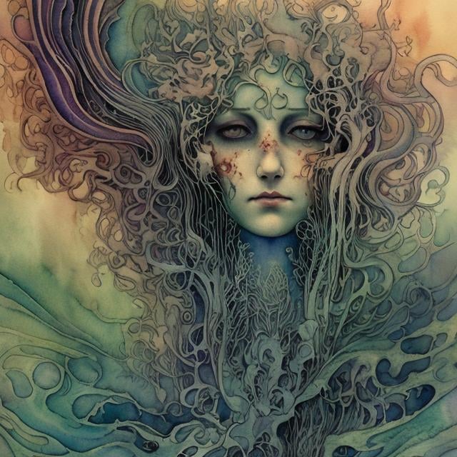 Prompt: Psychedelic watercolor Art Nouveau illustration of ethereal sound waves, haunting eyes, eerie beauty, horror, highres, detailed, watercolor, Art Nouveau, psychedelic, eerie beauty, ethereal, haunting eyes, horror, atmospheric lighting, animals, blood