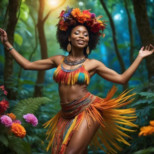 Prompt: A beautiful Amazonian African woman dancing in an enchanted and colorful forest full of flowers