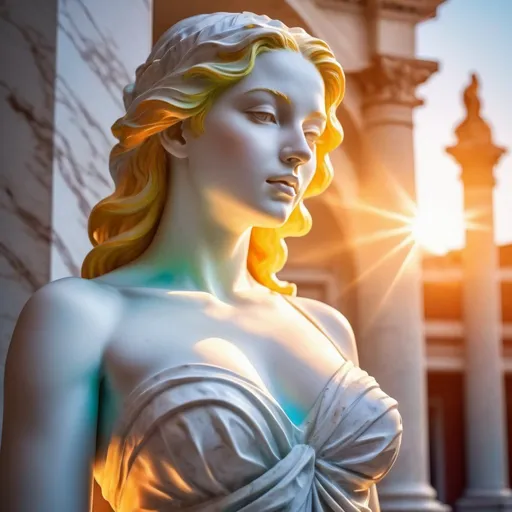 Prompt: Picturesque statue of a beautiful woman, photo realism, vibrant colors, high quality, professional, detailed features, marble material, realistic textures, elegant pose, glowing sunlight, vibrant atmosphere, vivid, lifelike, picturesque, statuesque, colorful, realistic lighting