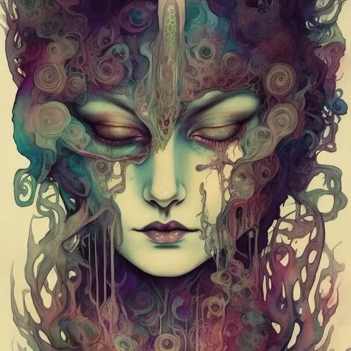 Prompt: Psychedelic watercolor Art Nouveau, haunting eyes, eerie beauty, trippy, highres, detailed, watercolor, Art Nouveau, psychedelic, eerie beauty, ethereal, haunting eyes, horror, atmospheric lighting, animals, blood