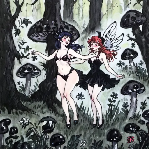 Prompt: seductress faeries dancing in a dark, gothic black mushroom forest, ethereal, dark fantasy