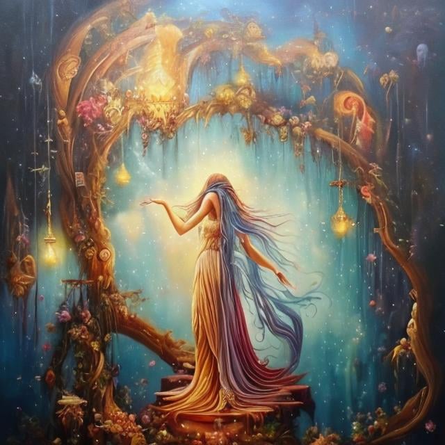 Prompt: Whimsical, mystical painting with oil on canvas, indescribably beautiful, wonderful, artistic, mystical, high quality, oil painting, whimsical, mystical, indescribable, beautiful, wonderful, artistic, atmospheric lighting