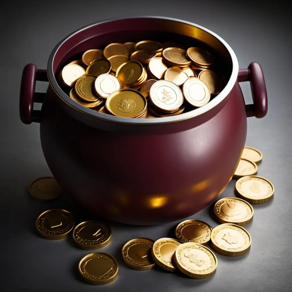 Prompt: image of a metal pot of gold in maroon, white and gold with gold coins in the pot