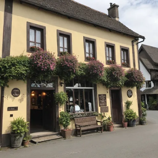 Prompt: An old yet well-kept inn located in the middle of a large, busy cuty