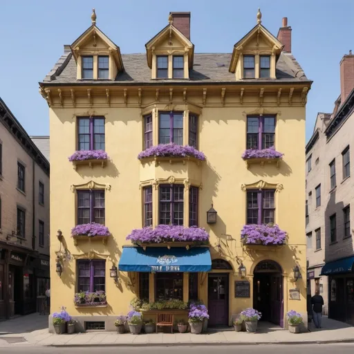 Prompt: An old yet well-kept inn located in the middle of a large, busy city. It is three stories tall with a bar located on the first floor. It is painted a pastel yellow and the the windows are adorned with blue and purple flowers