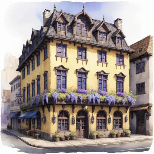 Prompt: An old yet well-kept inn located in the middle of a large, busy fantasy city. It is three stories tall with a bar located on the first floor. It is painted a pastel yellow and the windows are adorned with blue and purple flowers. The facade features many dark wood and black stone elements. Drawn in a water color style.