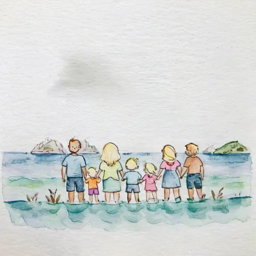 Prompt: A child’s drawing of their family. This family has four sons. The family also has three daughters. All of the children have blonde hair and pale green eyes. They are standing by the ocean. The parents are not in the picture.