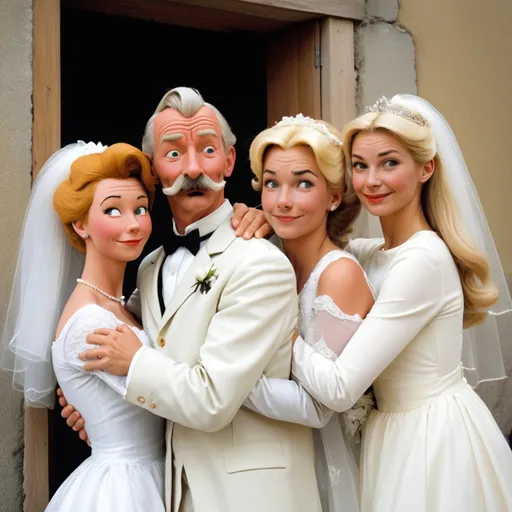 Prompt: 2 donne europee, una bionda ed una mora vestite da sposa in bianco che si contengono 1 uomo con capelli brizzolati e barba corta e baffetti, vestito da sposo, l'immagine deve essere divertente the style of Tintin by Hergé