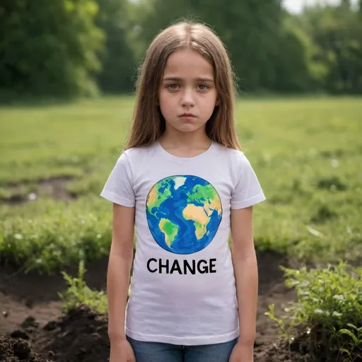 Prompt: a young girl with a t-shirt that has a sad and polluted earth on it, above the earth its written "change" in all caps.