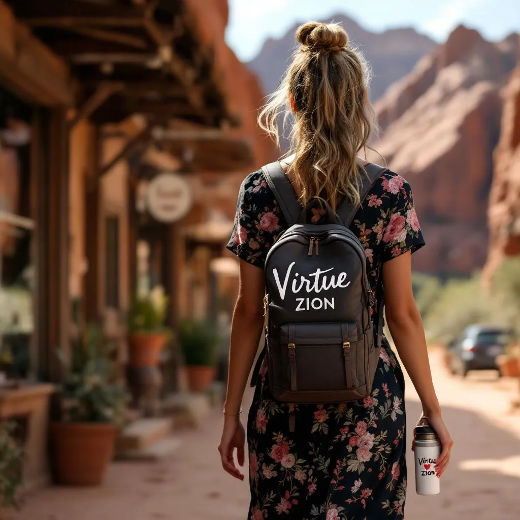 Prompt: Tall young woman walking down the high street, detailed clothing, realistic, natural lighting, in Zion national park. Out side a gift food stop. First Zion stop. The word virtuous on back of shirts. Long ways . A fancy pack with virtue Zion on it and a water bottle with virtue Zion with a heart around it . 