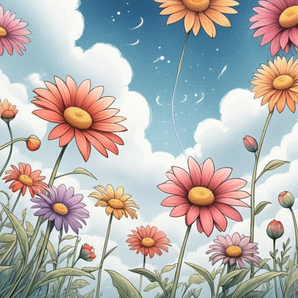 Prompt: drawing  flowers looking up the sky