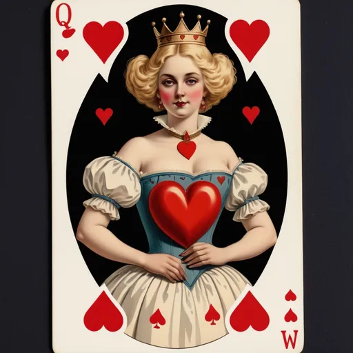 Prompt: Queen of hearts vintage playing card, blonde hair, off shoulders in 1800s style, upper torso is low cut dress visible to the waist shaped like a red heart, mirror image of ame woman below first, a red heart in two diagonal corners of card, women are surrounded by scattered cards in deck of hearts from ace to the king 
