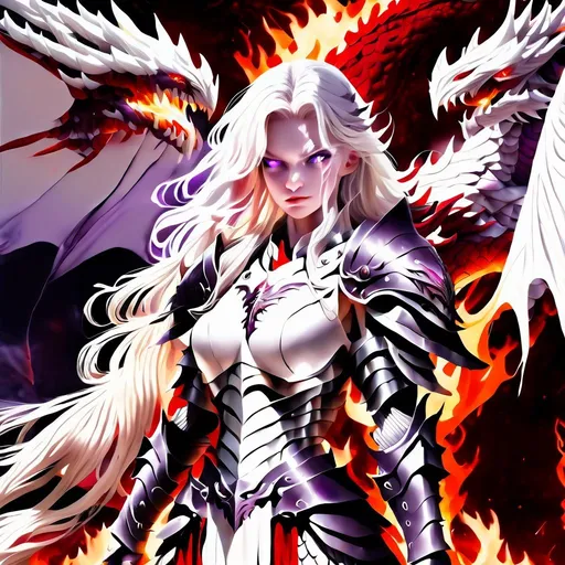 Prompt: female warrior, frail skin, purple eyes, angelic looking, white long hair, red armour, dragon with winged arms, epic background, flames