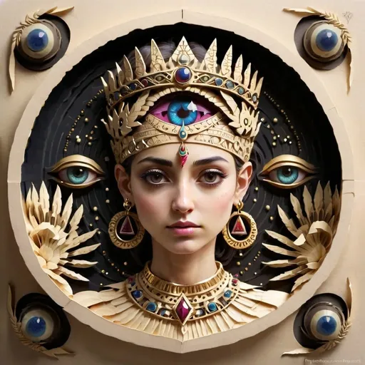 Prompt: anunnaki goddess, beautiful, strong feminine futures, ancient jewellery, third eye, crown, clear symmetrical features