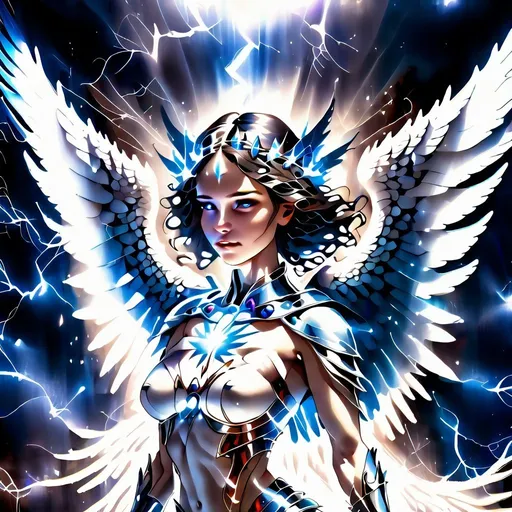 Prompt: beautiful female Spirit, esoteric being, wings, bright lights, white and blue lightning effects, crown, wings, frail, 