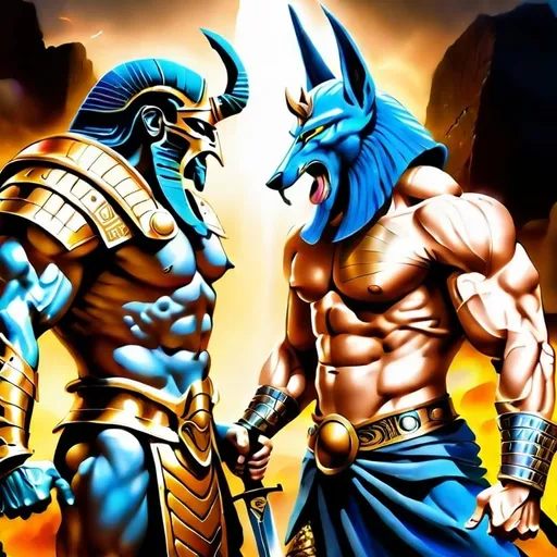 Prompt: A sword and armour battle between two Titans, one dressed like an Egyptian god, pharaoh armour, strong muscles, Anubis head, the other one Norse godlike, beard, strong muscles, viking armour, both ferocious, strong features, real looking, apocalyptic background