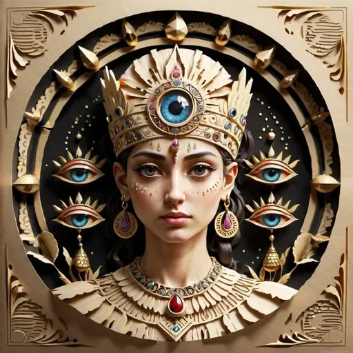 Prompt: anunnaki goddess, beautiful, strong feminine futures, ancient jewellery, third eye, crown, clear symmetrical features