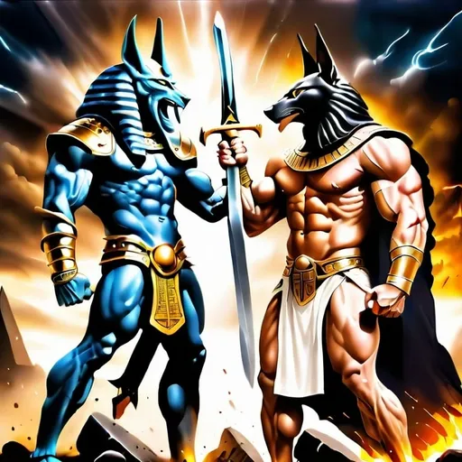 Prompt: A sword and armour battle between two Titans, one dressed like an Egyptian god, pharaoh armour, strong muscles, Anubis head, the other one Norse godlike, beard, strong muscles, viking armour, both ferocious, strong features, real looking, apocalyptic background