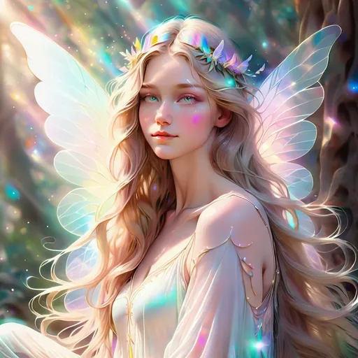 Prompt: Beautiful female angelic being, long hair, fair skin, spiritual being, fragile, heavenly vibration, pastel colors, ethereal glow, psychedelic artstyle, delicate wings, radiant aura, soft and flowing, delicate features, dreamlike atmosphere, high quality, detailed, ethereal, psychedelic, delicate, pastel colors, spiritual, angelic, long hair, fair skin, glowing aura, fragile beauty, heavenly, dreamy lighting