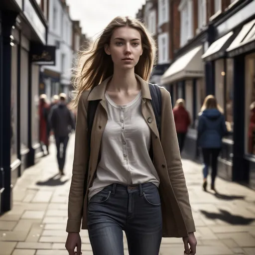 Prompt: Tall young woman walking down the high street, detailed clothing, realistic, natural lighting