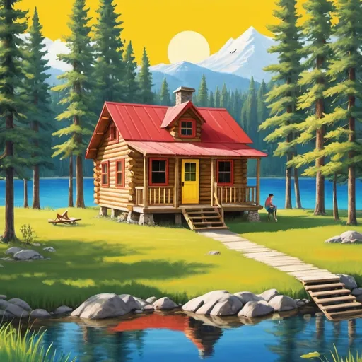 Prompt: A vibrant and colorful for the "COLLEGE ANUAL Camp" summer camp. It features a pioneer-style wooden cabin nestled among tall pine trees, with a bright yellow sun shining overhead and a blue sky and bird In the background, there's a lake surrounded by lush green grass. add text HAPPY LIFE IN CALIGRAFIC playful letters in a mix of red, orange, and yellow, evoking the warmth and excitement of summer. 