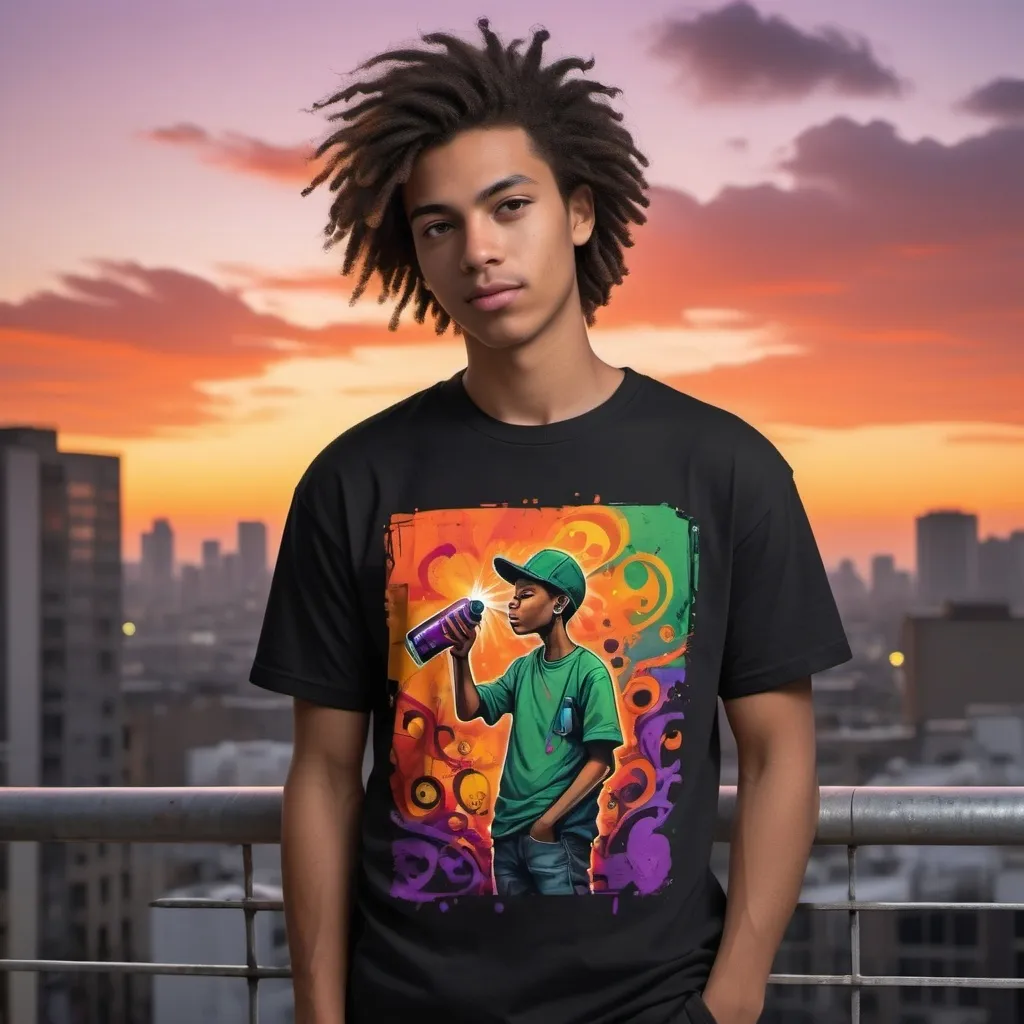 Prompt: Design a T-shirt inspired by urban street art, featuring graffiti elements, bold colors, and dynamic compositions. The design showcases a graffiti-styled portrait of a young artist holding a spray can, with abstract swirls of colors like red, orange, and green in the background. The environment is a rooftop overlooking the city at sunset, with the sky transitioning from orange to purple, casting a warm glow on the scene. The mood is introspective and rebellious, capturing the moment of creative expression. Photographic, taken with a 50mm lens at f/1.8, --ar 9:16 --v 5