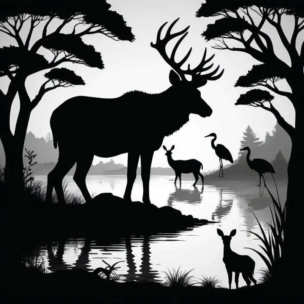 Prompt:  Illustrate a silhouette picture with a focus on wildlife,
depicting animals in their natural habitats with a realistic or stylized
approach