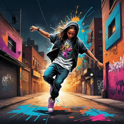 Prompt:  Design a T-shirt inspired by urban street art, featuring graffiti elements, bold colors, and dynamic compositions. A large graffiti mural of a breakdancer in mid-spin, surrounded by stylized cityscapes and splashes of neon colors, dominates the design. The scene is set in a bustling city street at twilight, with flickering streetlights and distant car headlights, creating a sense of movement and urban life. The atmosphere is vibrant and alive, with a mix of excitement and raw energy. Illustration, digital art using a tablet, --ar 16:9 --v 5