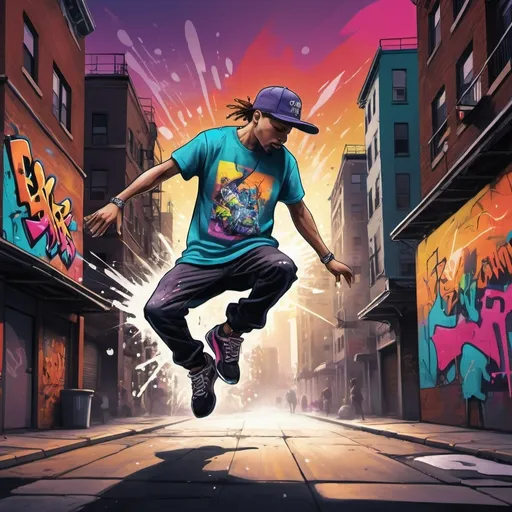 Prompt:  Design a T-shirt inspired by urban street art, featuring graffiti elements, bold colors, and dynamic compositions. A large graffiti mural of a breakdancer in mid-spin, surrounded by stylized cityscapes and splashes of neon colors, dominates the design. The scene is set in a bustling city street at twilight, with flickering streetlights and distant car headlights, creating a sense of movement and urban life. The atmosphere is vibrant and alive, with a mix of excitement and raw energy. Illustration, digital art using a tablet, --ar 16:9 --v 5