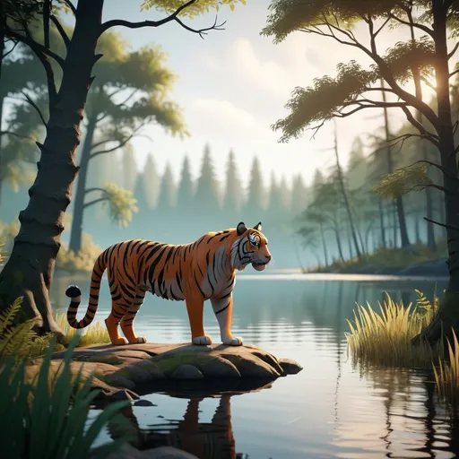 Prompt: a mysterious forest next to a lake, high quality, unreal engine: Illustrate silhouette with a focus on wildlife, depicting tiger in their natural habitats with a realistic or stylized approach