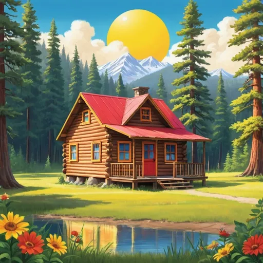 Prompt: A vibrant and colorful for the "COLLEGE ANUAL Camp" summer camp. It features a pioneer-style wooden cabin nestled among tall pine trees, with a bright yellow sun shining overhead and a blue sky and bird In the background, there's a lake surrounded by lush green grass. add text HAPPY LIFE IN CALIGRAFIC playful letters in a mix of red, orange, and yellow, evoking the warmth and excitement of summer. 