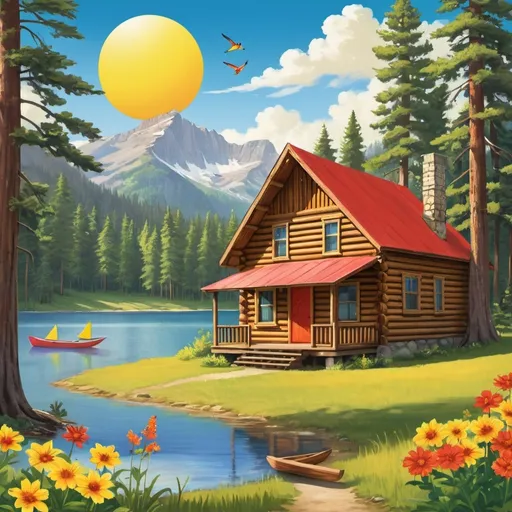 Prompt: A vibrant and colorful for the "COLLEGE ANUAL Camp" summer camp. It features a pioneer-style wooden cabin nestled among tall pine trees, with a bright yellow sun shining overhead and a blue sky and bird In the background, there's a lake surrounded by lush green grass. add text HAPPY LIFE  in caligrafic playful letters in a mix of red, orange, and yellow, evoking the warmth and excitement of summer. 