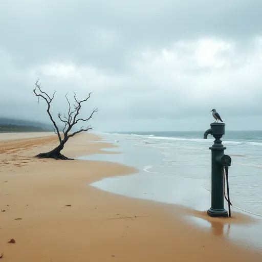 Prompt: rainy beach with pump tree and bird 