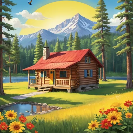 Prompt: A vibrant and colorful for the "COLLEGE ANUAL Camp" summer camp. It features a pioneer-style wooden cabin nestled among tall pine trees, with a bright yellow sun shining overhead and a blue sky and bird In the background, there's a lake surrounded by lush green grass. add text HAPPY LIFE  in caligrafic playful letters in a mix of red, orange, and yellow, evoking the warmth and excitement of summer. 