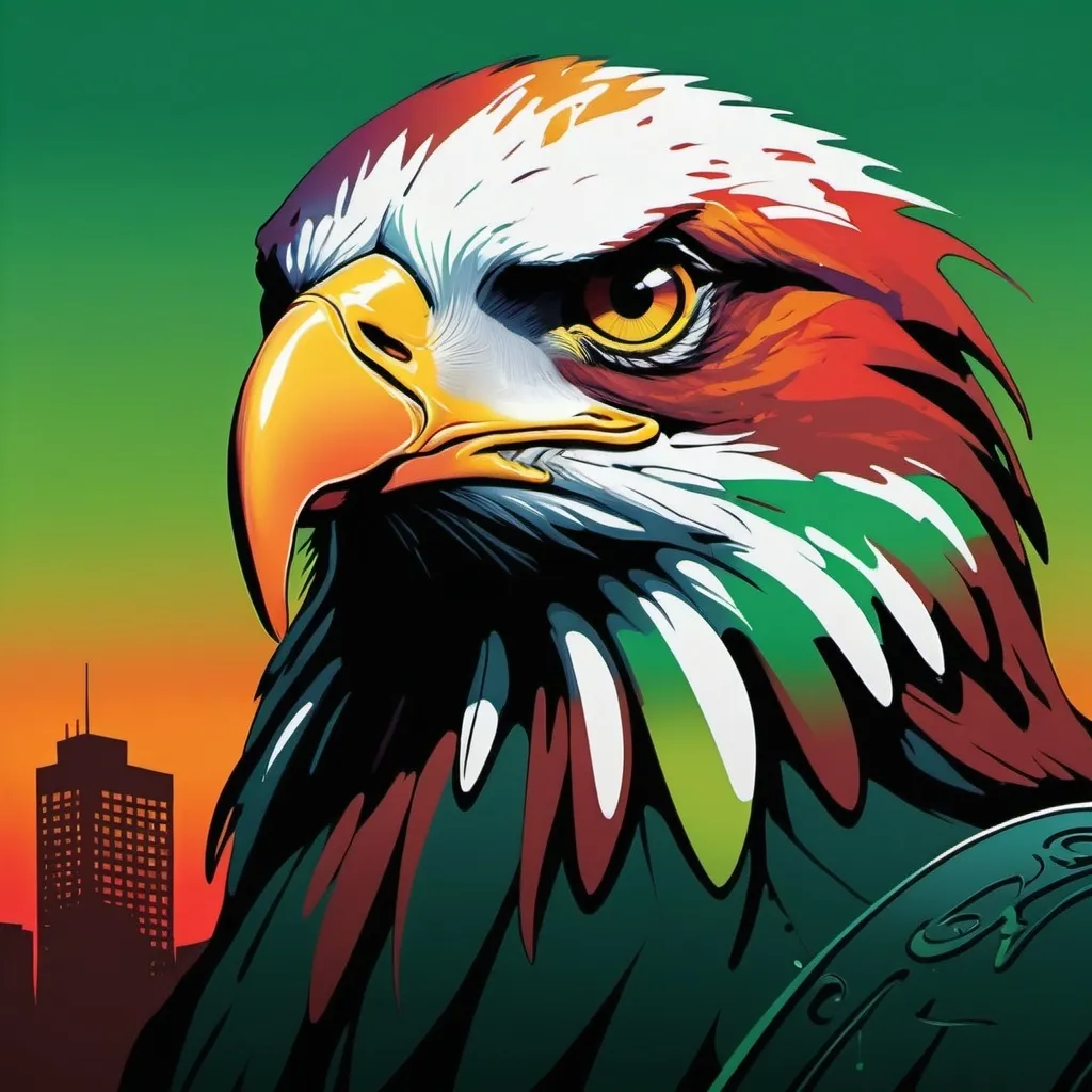 Prompt: Design siihouette inspired by urban street art, featuring graffiti elements, bold colors, and dynamic compositions. The design showcases a graffiti-styled portrait of a eagle, with abstract swirls of colors like red, orange, and green in the background. The environment is a rooftop overlooking the city at sunset, with the sky transitioning from green to blue casting a warm glow on the scene. The mood is introspective and rebellious, capturing the moment of creative expression. Photographic, taken with a 50mm lens at f/1.8, --ar 9:16 --v 5