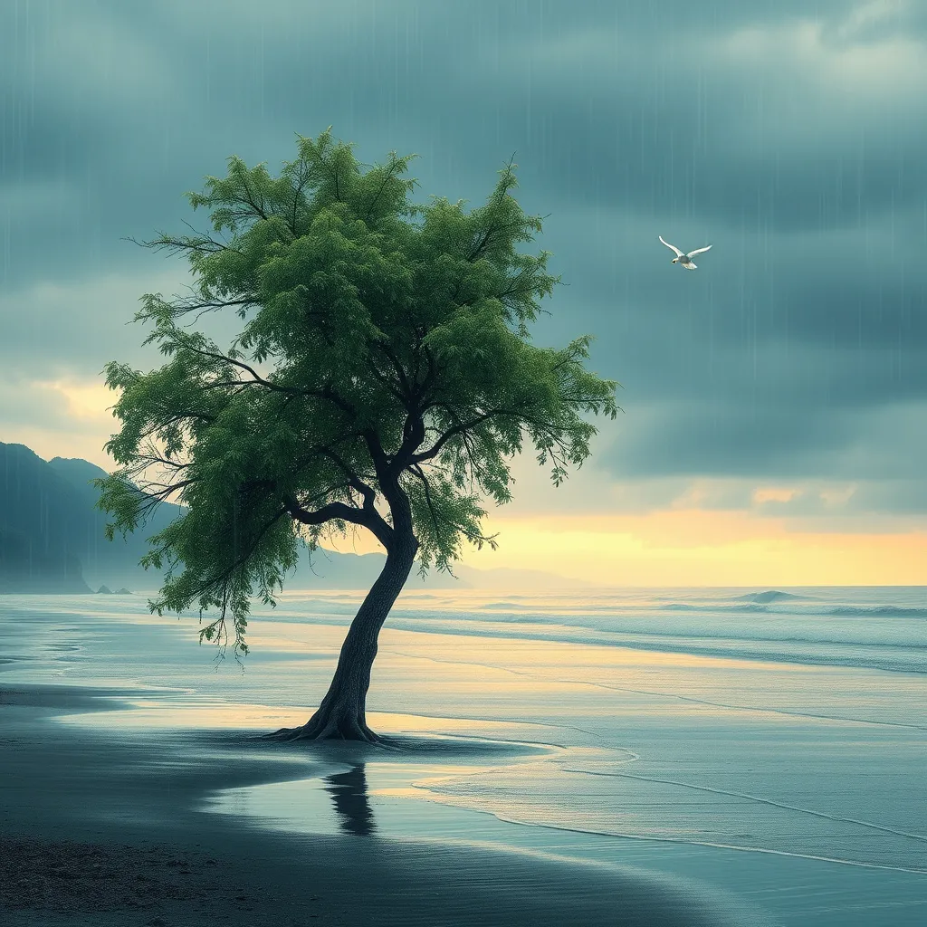 Prompt: rainy beach with pump tree and bird 